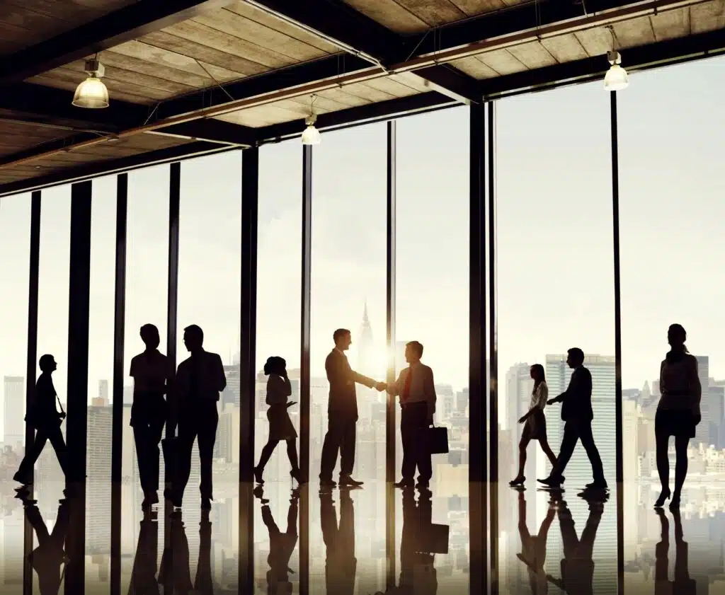 Silhouettes of business professionals in a modern office with city views.