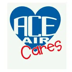 Logo of ACE AIR Cares with a blue heart and red text emphasizing community support and care.