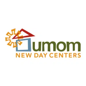 Colorful UMOM New Day Centers logo with abstract sun and house imagery